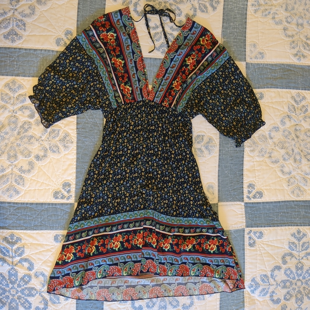 Breezy Boho Dolman Sleeve Sundress Floral Paisley XS Small Navy Blue Red